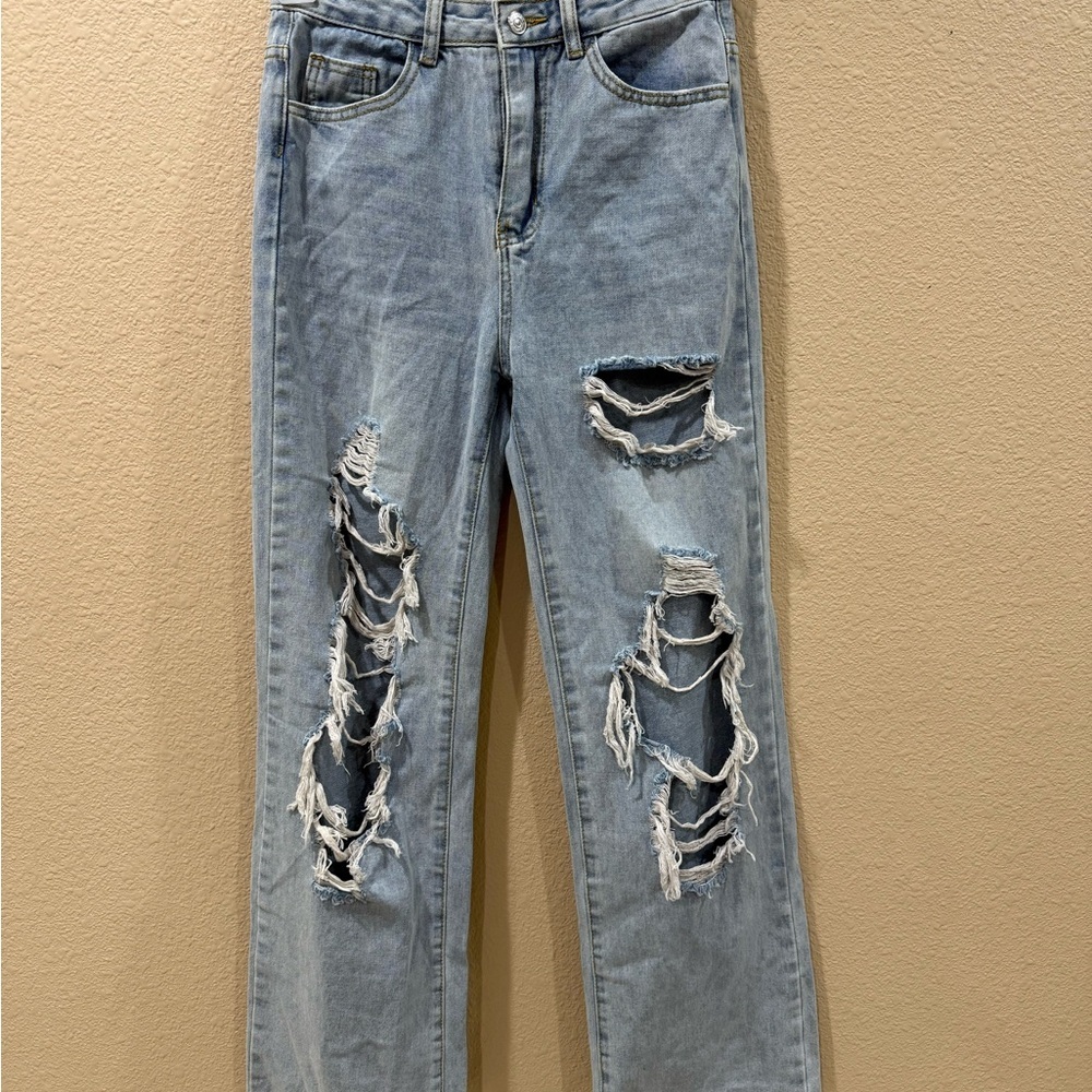 SHEIN Light Blue Distressed Boyfriend Jeans